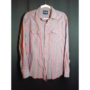 Vintage Wrangler Mens XL Pearl Snap Western Cowboy Flannel Shirt Red Blue Stripe